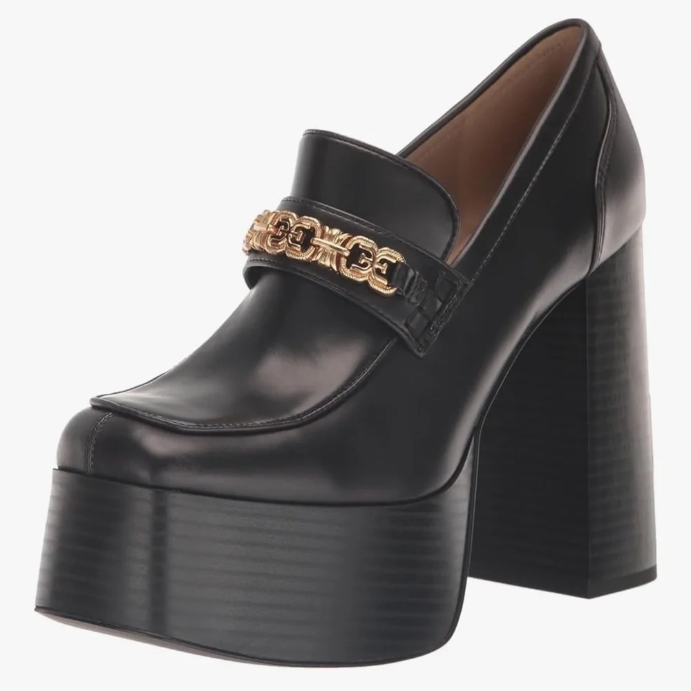 Sam Edelman Black Platform Loafers with Gold Chain - Picture 3 of 12